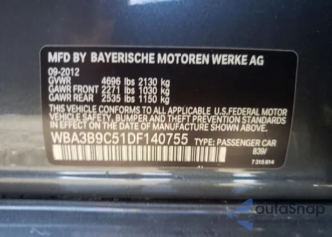 2013 BMW 335 Xi из США, поврежденный, VIN WBA3B9C51DF140755